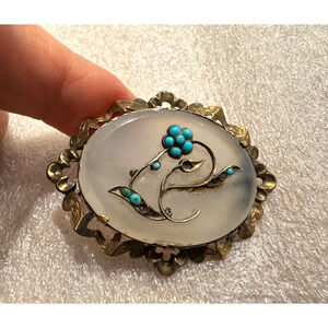 Antique Chalcedony Pinchbeck Brooch Pin w Turquoise Beads Floral Mourning Oval